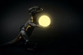 plastic dinosaur toy with glowing ball on a black background