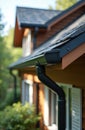 Black plastic drainage gutter, drainpipe on modern home. Brown siding, grey shingle rooftop, green trees around. Guttering system Royalty Free Stock Photo