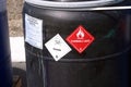 Black plastic drum with hazardous waste Royalty Free Stock Photo