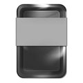 Black plastic food container box with transparent film top and blank label isolated on white background, realistic vector mockup Royalty Free Stock Photo