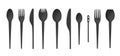 Black plastic fork, knife and spoon set realistic vector illustration. Collection disposable cutlery Royalty Free Stock Photo