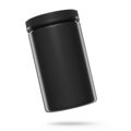 Black plastic jar for sport nutrition whey protein powder isolated on white Royalty Free Stock Photo