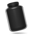 Black plastic jar for sport nutrition whey protein powder isolated on white Royalty Free Stock Photo