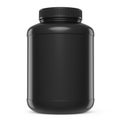 Black plastic jar for sport nutrition whey protein powder isolated on white Royalty Free Stock Photo