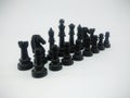 Black plastic king queen bishop knight rook pawn line up chess piece isolated on a white background Royalty Free Stock Photo