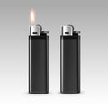 Black Plastic Lighters with Flame on Background Royalty Free Stock Photo