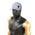 Black, plastic mannequin, golden hands, gray cap on the head, black label for mockup. White isolated background. 3D Royalty Free Stock Photo