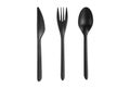 Black plastic spoon, knife and fork isolated on white background. Disposable tableware set isolated with clipping path Royalty Free Stock Photo