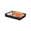 Black plastic tray with set of sushi rolls. Appetizing Japanese food. Asian cuisine. Flat vector for promo poster or Royalty Free Stock Photo