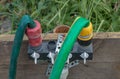 Black plastic water splitter with inlet from bottom with four white taps and exit holes from top, outlet green irrigation hoses. Royalty Free Stock Photo