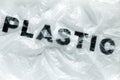 Black Plastic word on transparent white disposable plastic bag. Environment pollution problem concept image with copy space Royalty Free Stock Photo