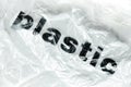Black Plastic word on transparent white disposable plastic bag. Environment pollution problem concept image with copy space Royalty Free Stock Photo