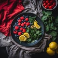 a black plate filled with berries spinach and lemons