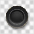 Black plate with golden border on transparent background. Empty dish for dinner, breakfast or lunch vector illustration Royalty Free Stock Photo