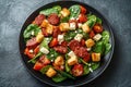 Black plate with a salad of spinach, tomatoes, and bread crumbs Royalty Free Stock Photo