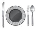 Black plate, silver spoon, fork, knife Royalty Free Stock Photo