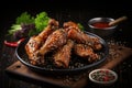 A black plate topped with wings coated in sesame seeds, Delicious crispy BBQ chicken wings with sesame, AI Generated