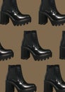 Black platform high-heel ankle boots isolated on brown background. Women Casual Platform High Heel Boots. Female black boots