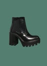 Black platform high-heel ankle boots isolated on green background. Women Casual Platform High Heel Boots