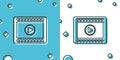 Black Play Video icon isolated on blue and white background. Film strip with play sign. Random dynamic shapes. Vector