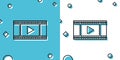 Black Play Video icon isolated on blue and white background. Film strip with play sign. Random dynamic shapes. Vector