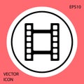 Black Play Video icon isolated on red background. Film strip sign. White circle button. Vector Royalty Free Stock Photo