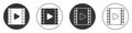 Black Play Video icon isolated on white background. Film strip with play sign. Circle button. Vector Royalty Free Stock Photo