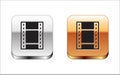 Black Play Video icon isolated on white background. Film strip sign. Silver and gold square buttons. Vector Royalty Free Stock Photo