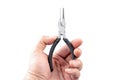 Black plier in Asian male hand showing in front of white background. Clipping path