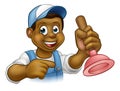 Black Plumber Handyman With Punger Cartoon Man