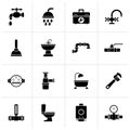 Black plumbing objects and tools equipment icons