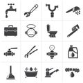 Black plumbing objects and tools icons