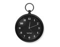 Black pocket clock. Realistic watch face. Classic design accessory. Vintage chrome timer dial. Fob timepiece. Retro