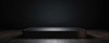 A Black Podium On A Dark Background With A Long Platform Is Ready To Display Products Or Artwork