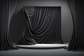 Black podium with dark curtain for product presentation, illustration ai generative