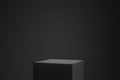 Black podium or pedestal display on dark background with cube platform. Blank product shelf standing backdrop. 3D rendering