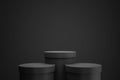 Black podium or pedestal display on dark background with cylinder stand concept. Blank product shelf standing backdrop. 3D