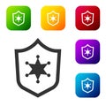 Black Police badge icon isolated on white background. Sheriff badge sign. Set icons in color square buttons. Vector Royalty Free Stock Photo