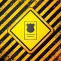 Black Police badge with id case icon isolated on yellow background. Warning sign. Vector Royalty Free Stock Photo