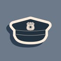 Black Police cap with cockade icon isolated on grey background. Police hat sign. Long shadow style. Vector Royalty Free Stock Photo