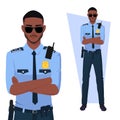 Black Policeman With Arms Folded, Wearing Uniform and Sunglasses Premium Vector Royalty Free Stock Photo