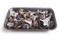 Black polythene tray full of Horn of Plenty mushrooms Royalty Free Stock Photo