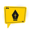 Black Pope hat icon isolated on white background. Christian hat sign. Yellow speech bubble symbol. Vector