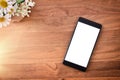 Black portable phone on wooden isolated table