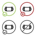 Black Portable video game console icon isolated on white background. Gamepad sign. Gaming concept. Circle button. Vector