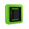 Black Postal stamp icon isolated on transparent background. Green square button.