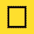 Black Postal stamp icon isolated on yellow background. Long shadow style. Vector