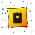 Black Postcard with heart icon isolated on white background. Message love. Letter love and romance. Yellow square button