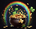 Black pot full of gold coins around four-leaf clover and rainbow black background. Green four-leaf clover symbol of St. Patr