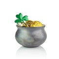 Black pot of leprechauns gold with lucky clovers isolated on white